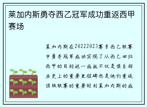 莱加内斯勇夺西乙冠军成功重返西甲赛场